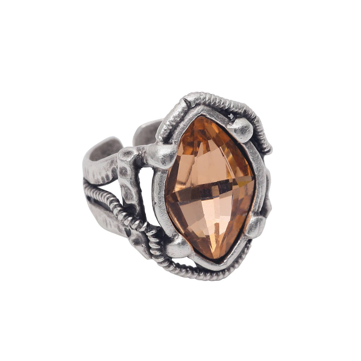Silver ring with a marquise-shaped orange gemstone on a white background
