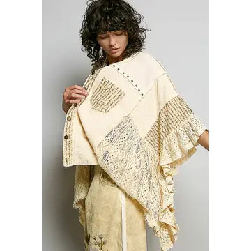 Crochet Lace Ruffle Gauze Shirt in Cream – three-quarter view highlighting mixed crochet lace and gauze fabric panels with artisan patchwork detailing