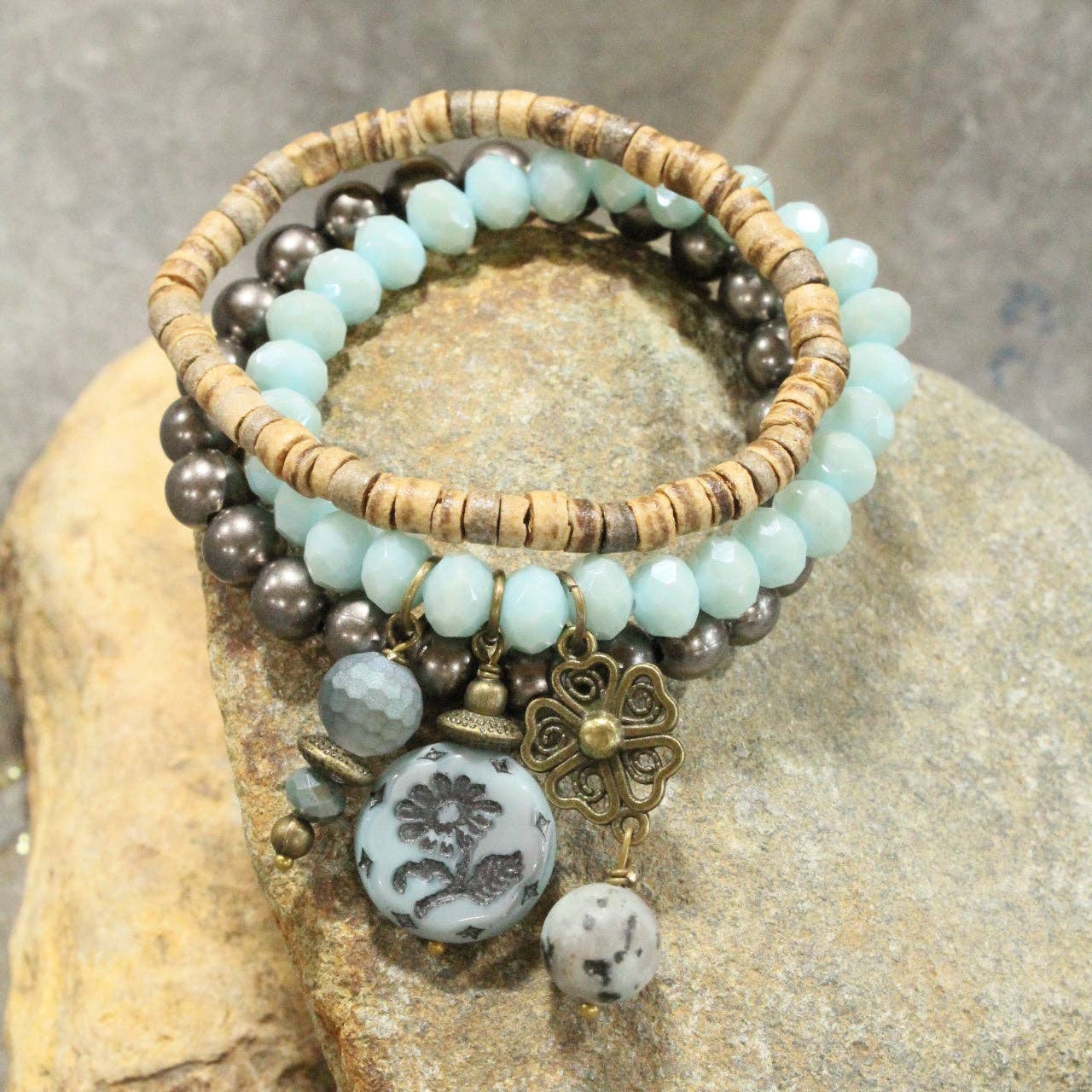 Denim Days Floral Czech & Stone Stretch Bracelet Set