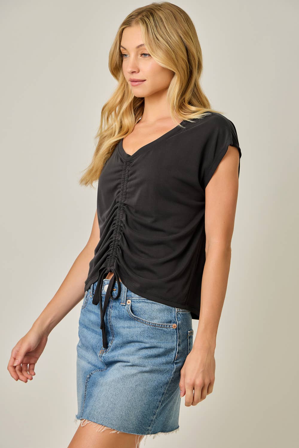 Side view Ruched Front Drawstring Modal Top in Black — flattering ruched silhouette with cap sleeves and V-neckline

