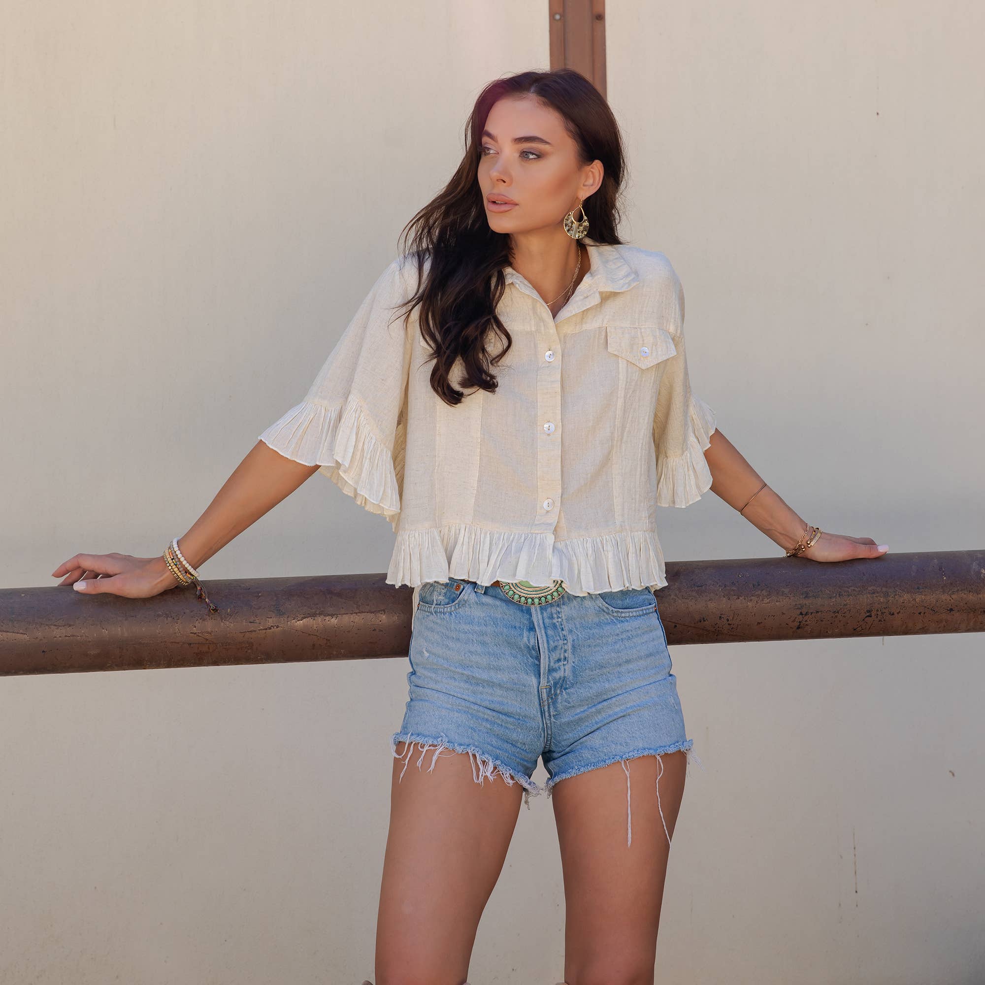 The Rebel Cropped Denim Shirt - detail shot of contrast rayon-flax panels and minimal detailing