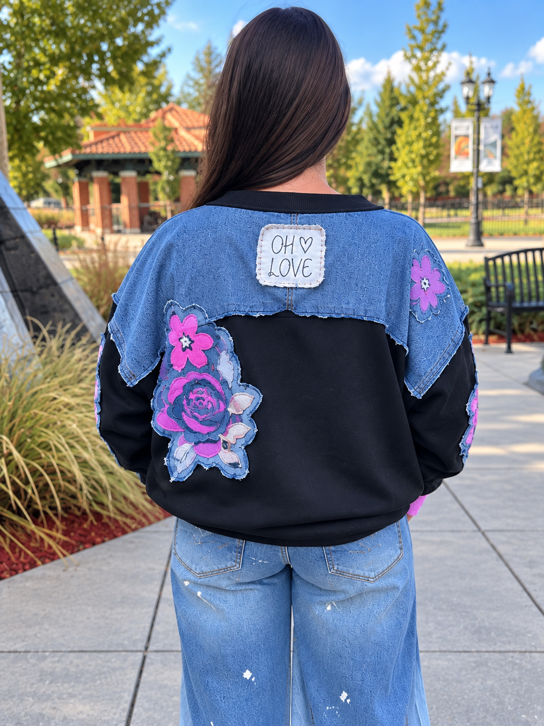 Women’s denim patchwork pullover for casual everyday layering back view 
