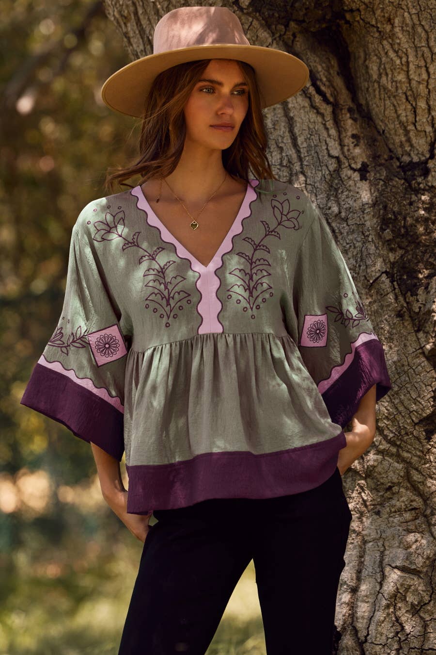 Color block oversized peasant blouse in grey mix with floral embroidery and scalloped placket neckline — boho-luxe women's top by Spirit & Wind Boutique