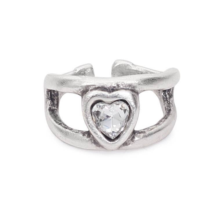 A silver-toned open band ring featuring a textured heart-shaped setting with a clear heart-shaped gemstone in the center, shown against a plain white background.