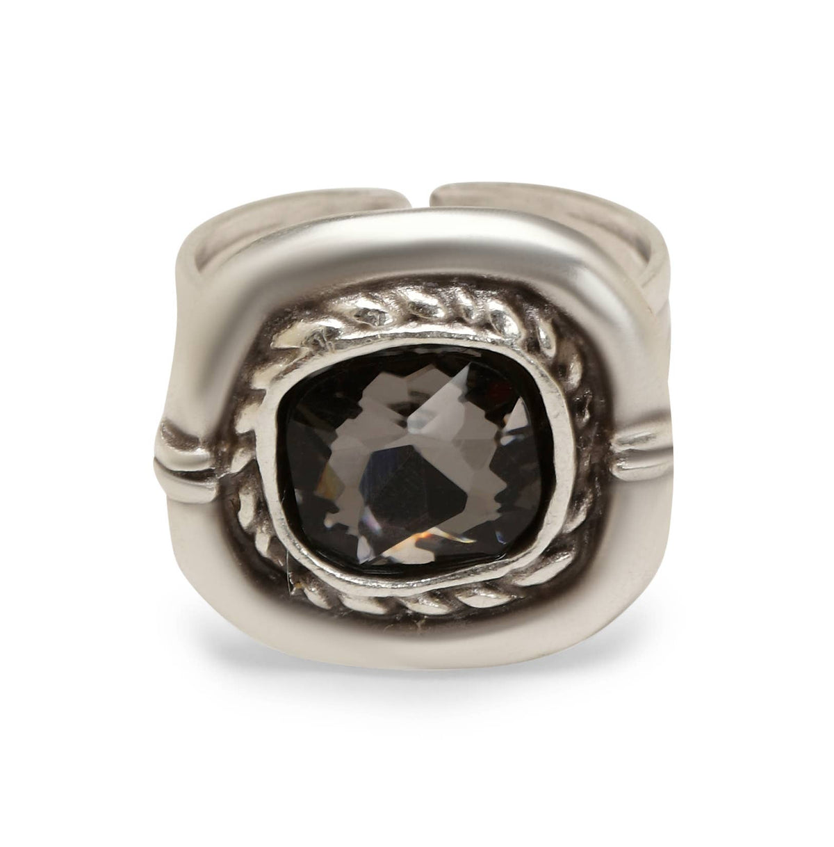 A silver-toned ring with a large, cushion-cut dark smoky gemstone in a decorative bezel setting with twisted rope detailing, shown on a plain white background.