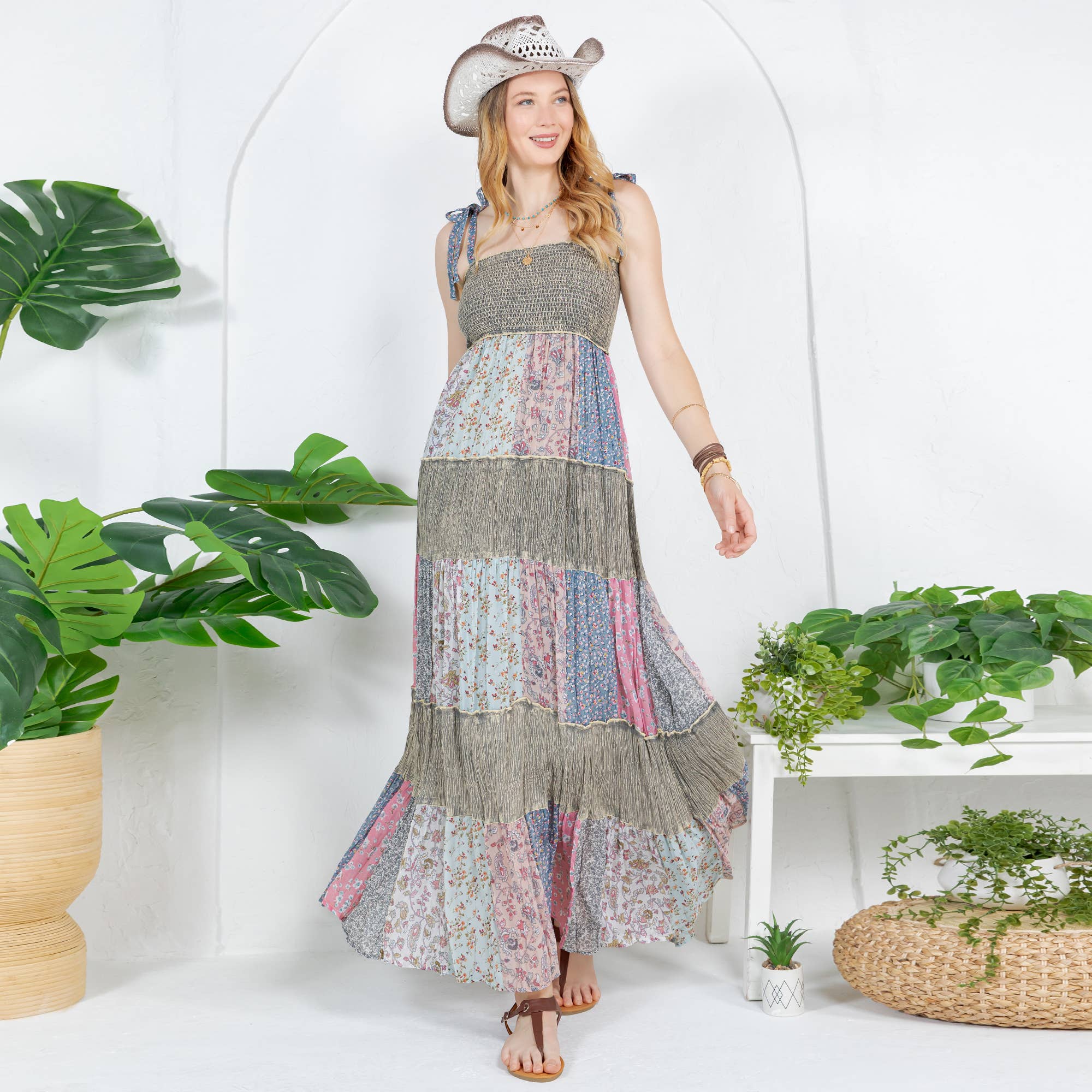 Artisan Pearl Maxi Dress - front view showing patchwork design with mixed prints and flowing silhouette