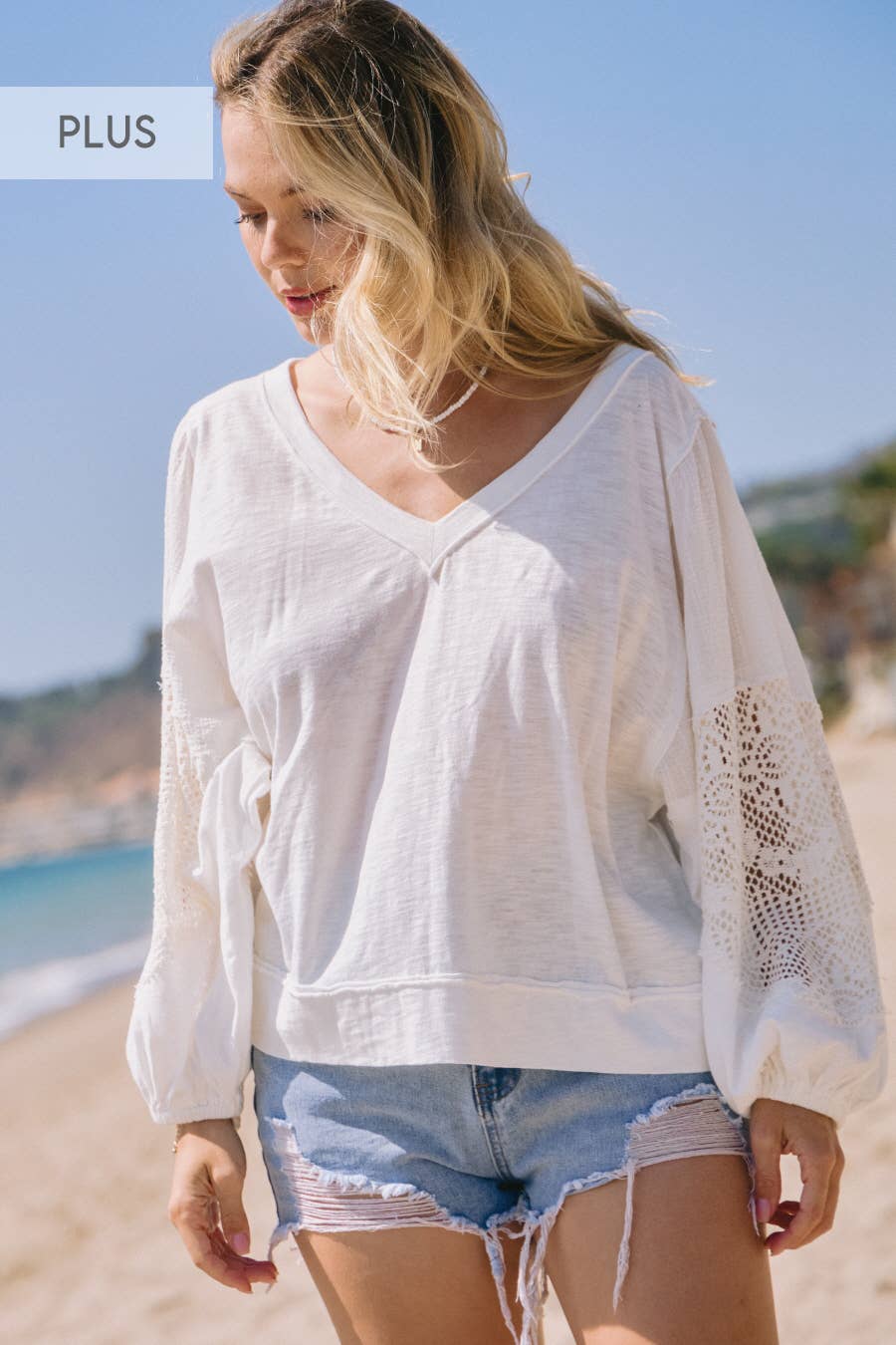 Plus size slub jersey long sleeve pullover in off white with lace trim and raw edge seam detail — boho-luxe women's top by Spirit & Wind Boutique