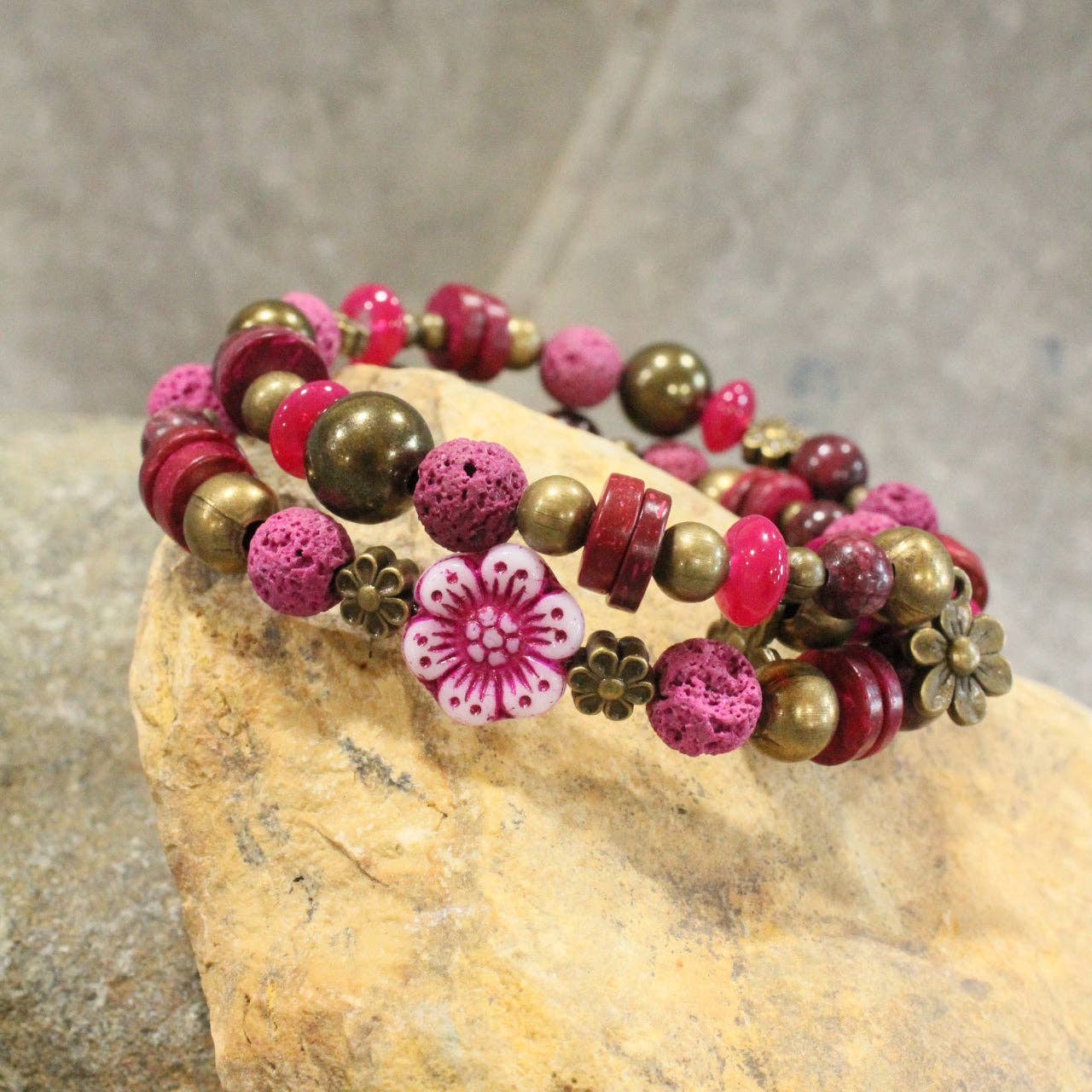 Flower Power Czech Pink Wrap Bracelet