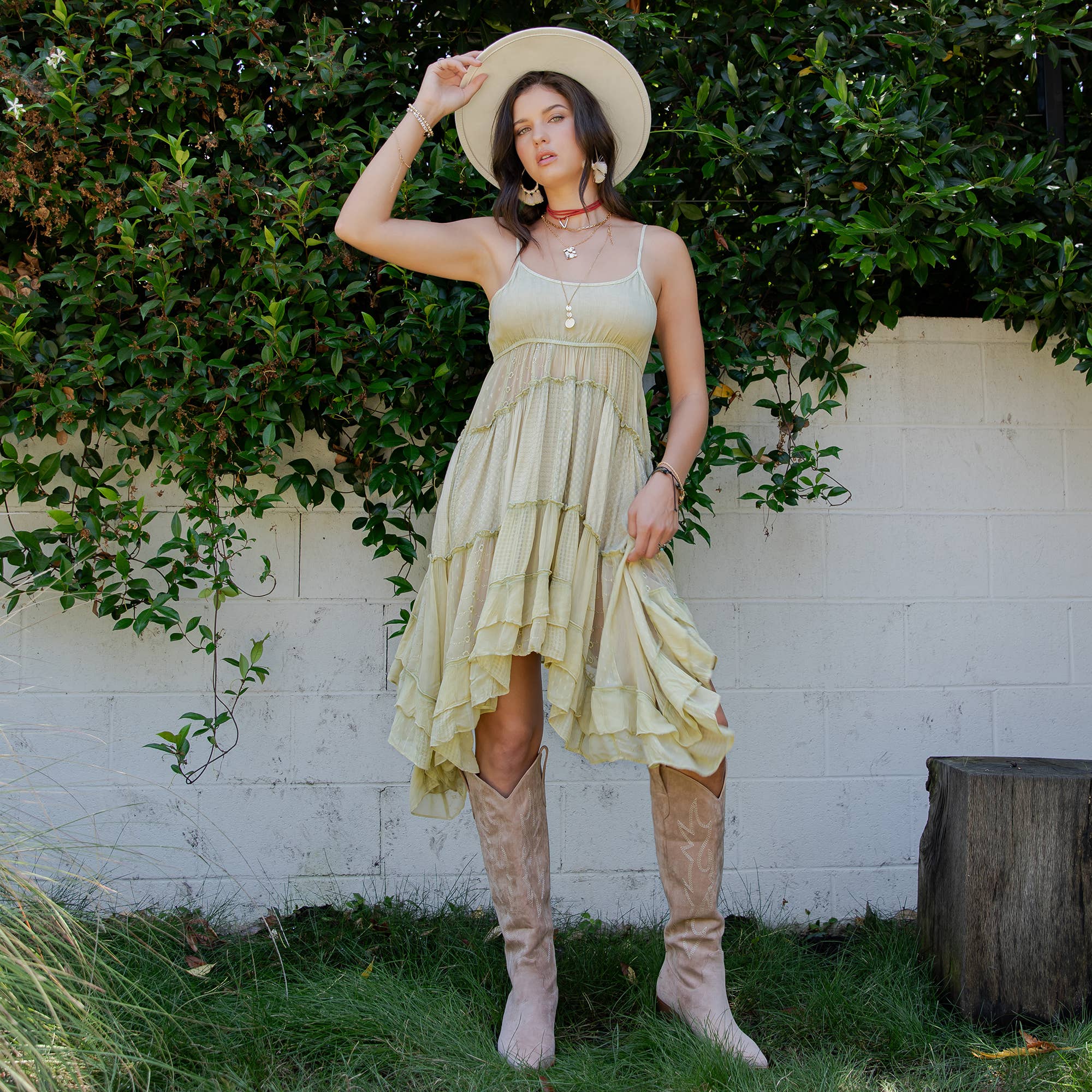 Moss green midi dress styled - whimsical romantic dress for casual gatherings and day outings