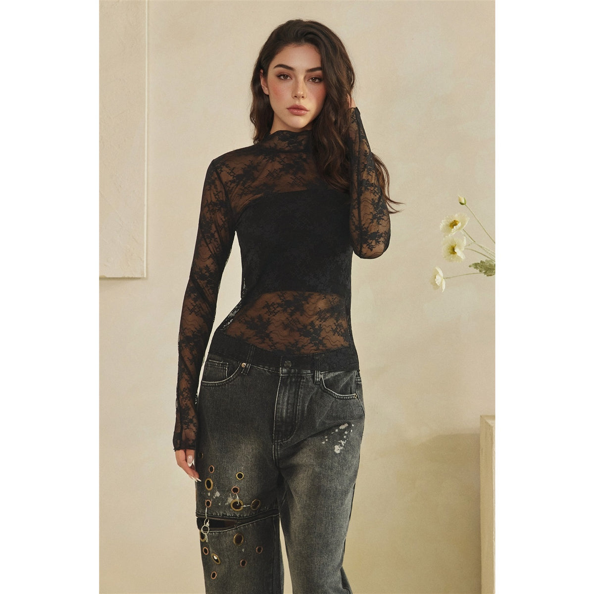 Narrow Hem Sheer Lace Top in Black - mock neck floral lace long sleeve top
