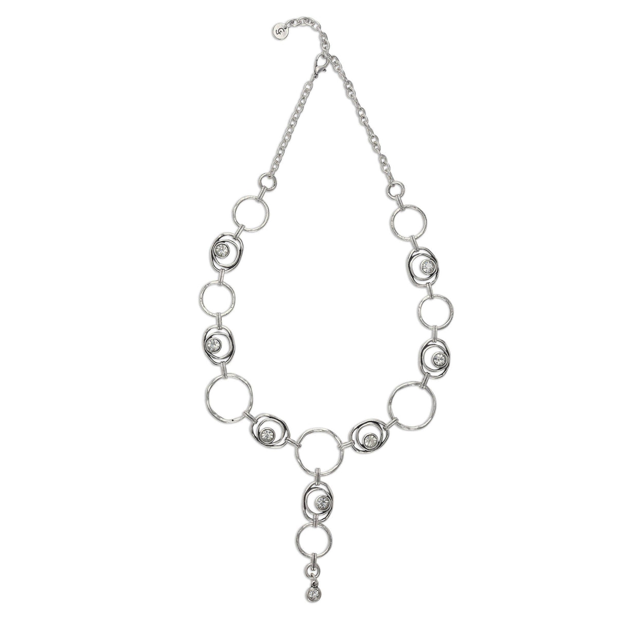 A silver-toned statement necklace featuring alternating textured circular and spiral link motifs, suspended from a delicate chain with an adjustable clasp, shown against a plain white background.