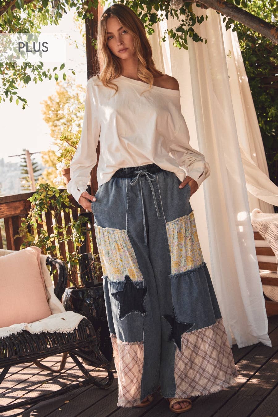 Plus size mixed fabric patchwork wide leg pants in washed denim with lace inserts, star appliqué, and drawstring waist — boho-luxe women's pants by Spirit & Wind Boutique