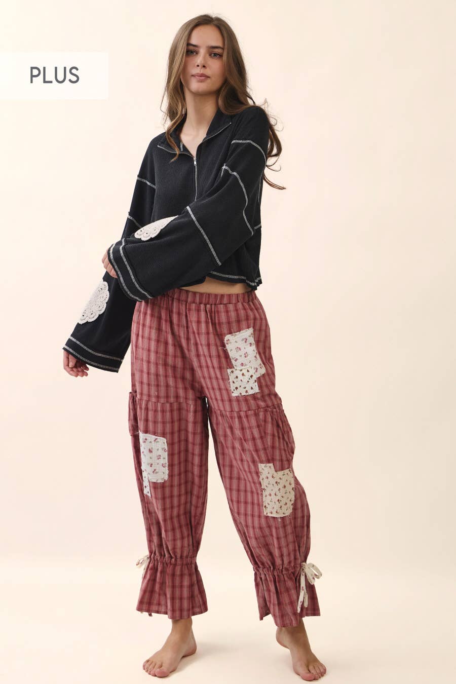 Plus size dark cherry gingham ruffle bloomer pants with floral patch pockets and tie ruffle hem detail — Spirit & Wind Boutique

