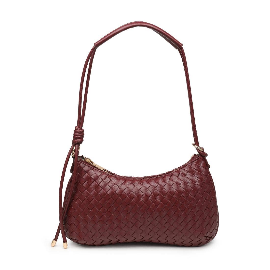 Cindy Woven Crescent Shoulder Bag in Burgundy by Moda Luxe — close up view showing woven vegan leather crescent bag with knotted strap, gold-tone hardware and zip closure,