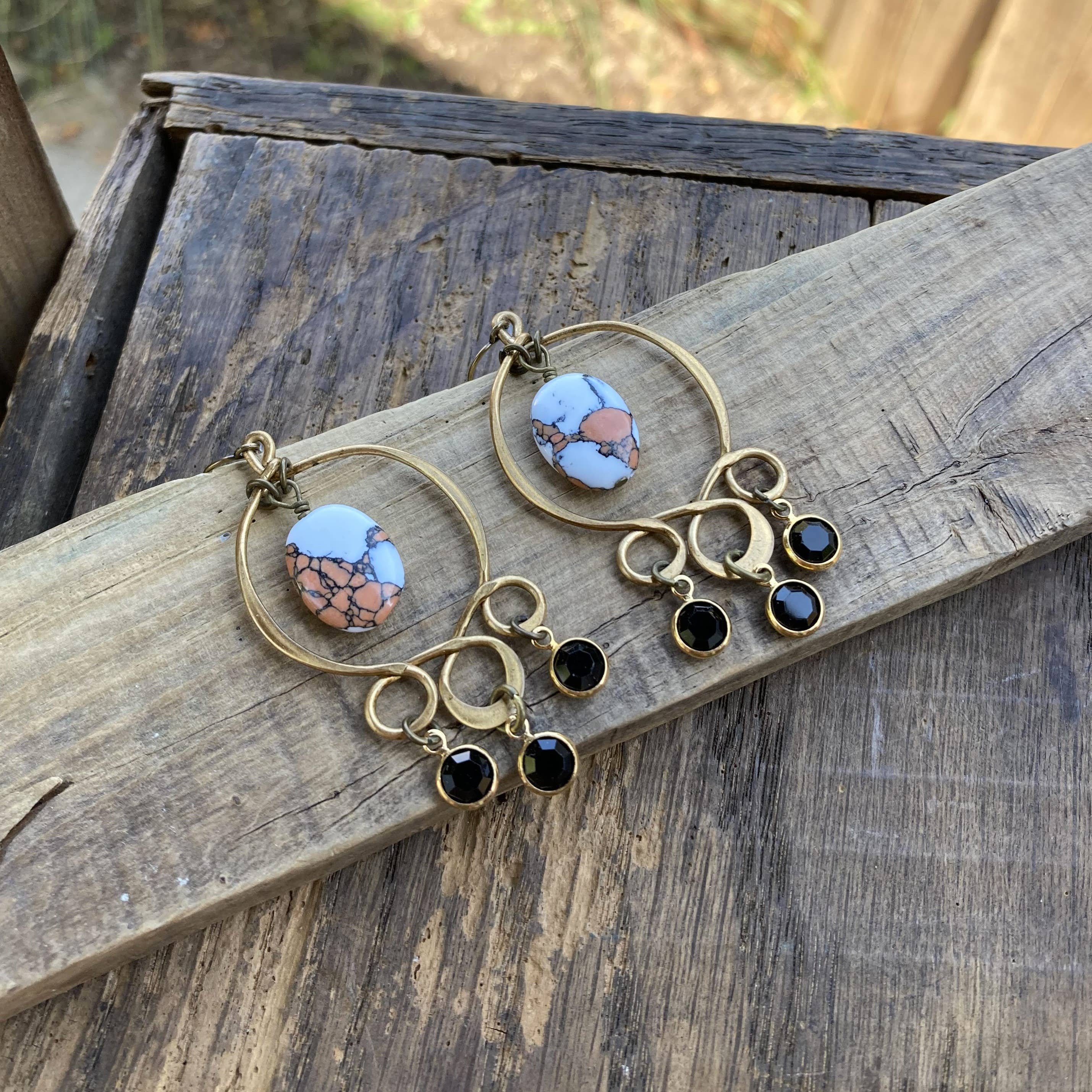 Black Orange & White Brass Boho Chandelier Earrings