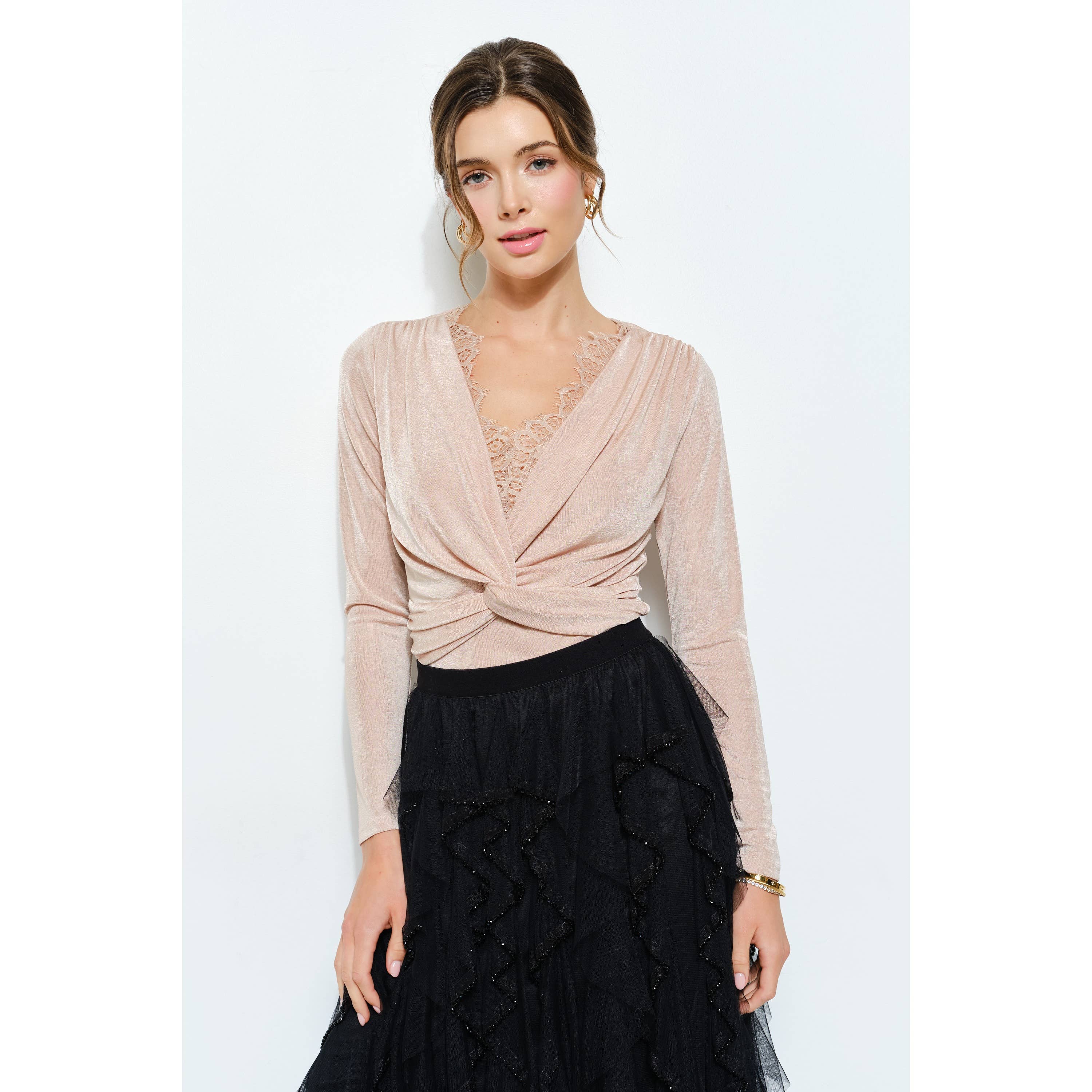 Velvet Twist-Front Long Sleeve Top