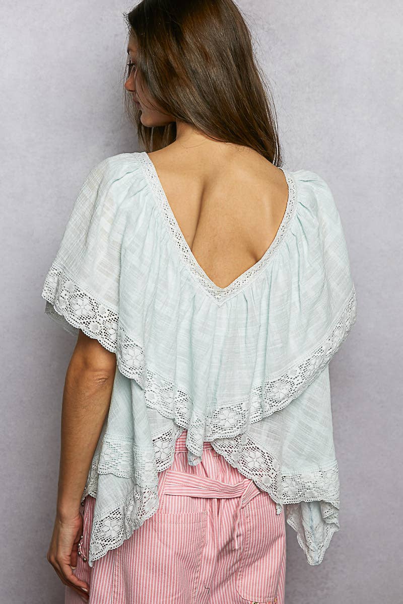 Reversible Embroidered Ruffle Top Blue