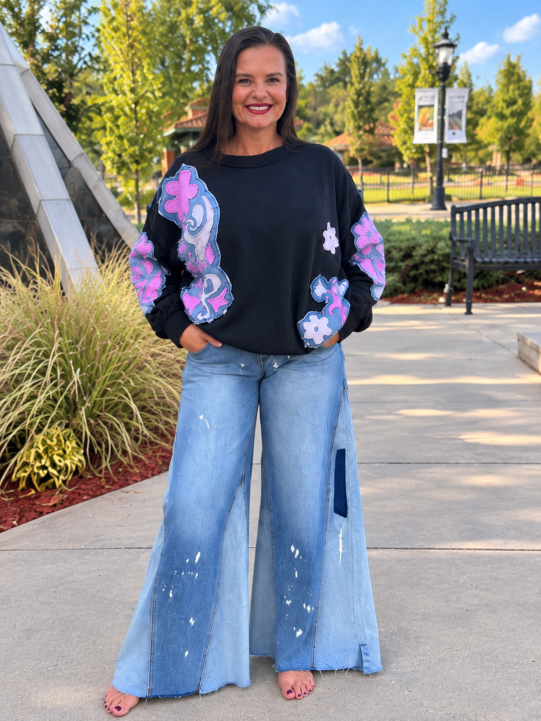 Abstract denim patchwork pullover in mineral wash with floral denim detail