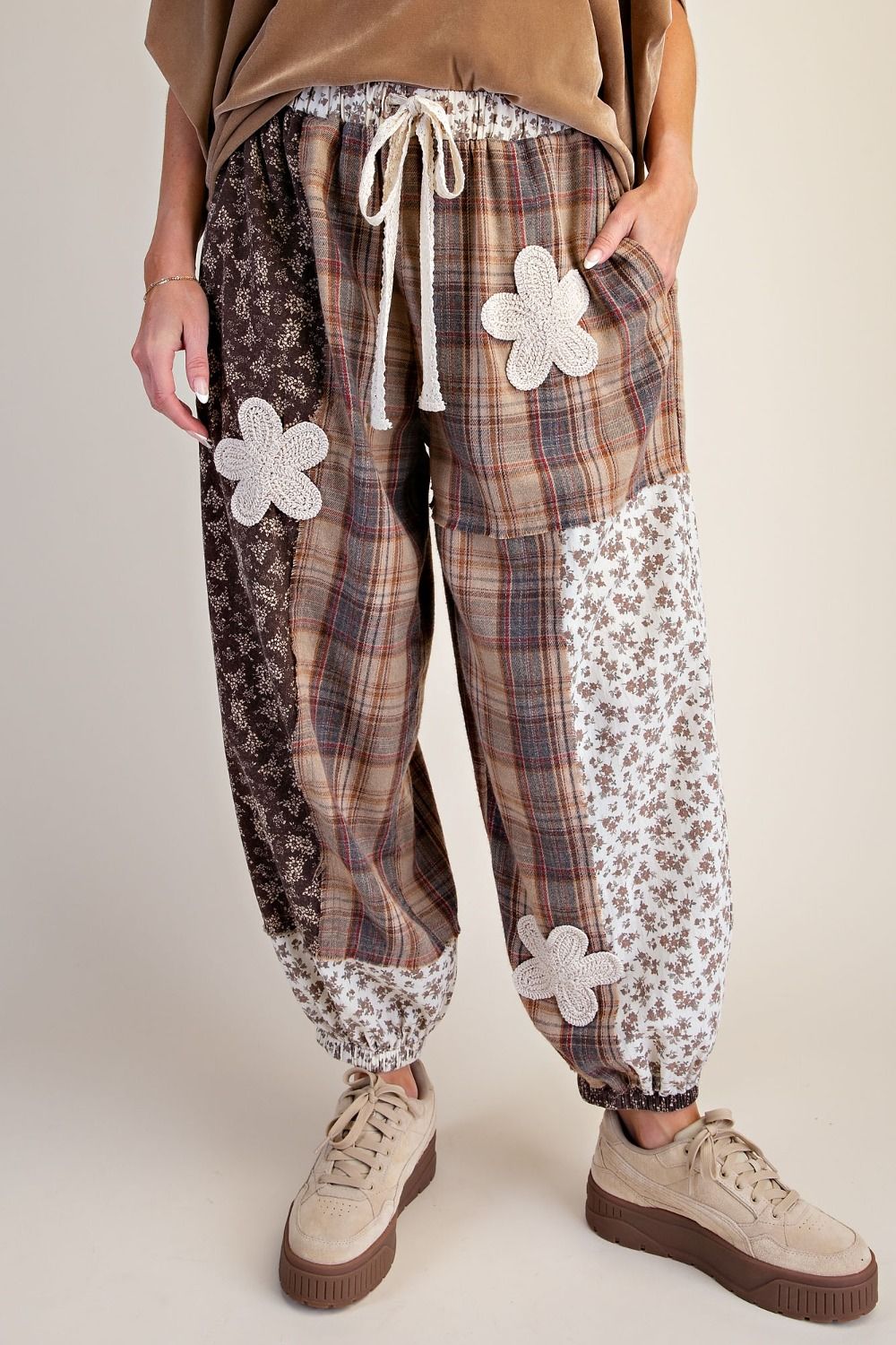 THISTLE & THREAD mocha patchwork joggers with floral and plaid panels