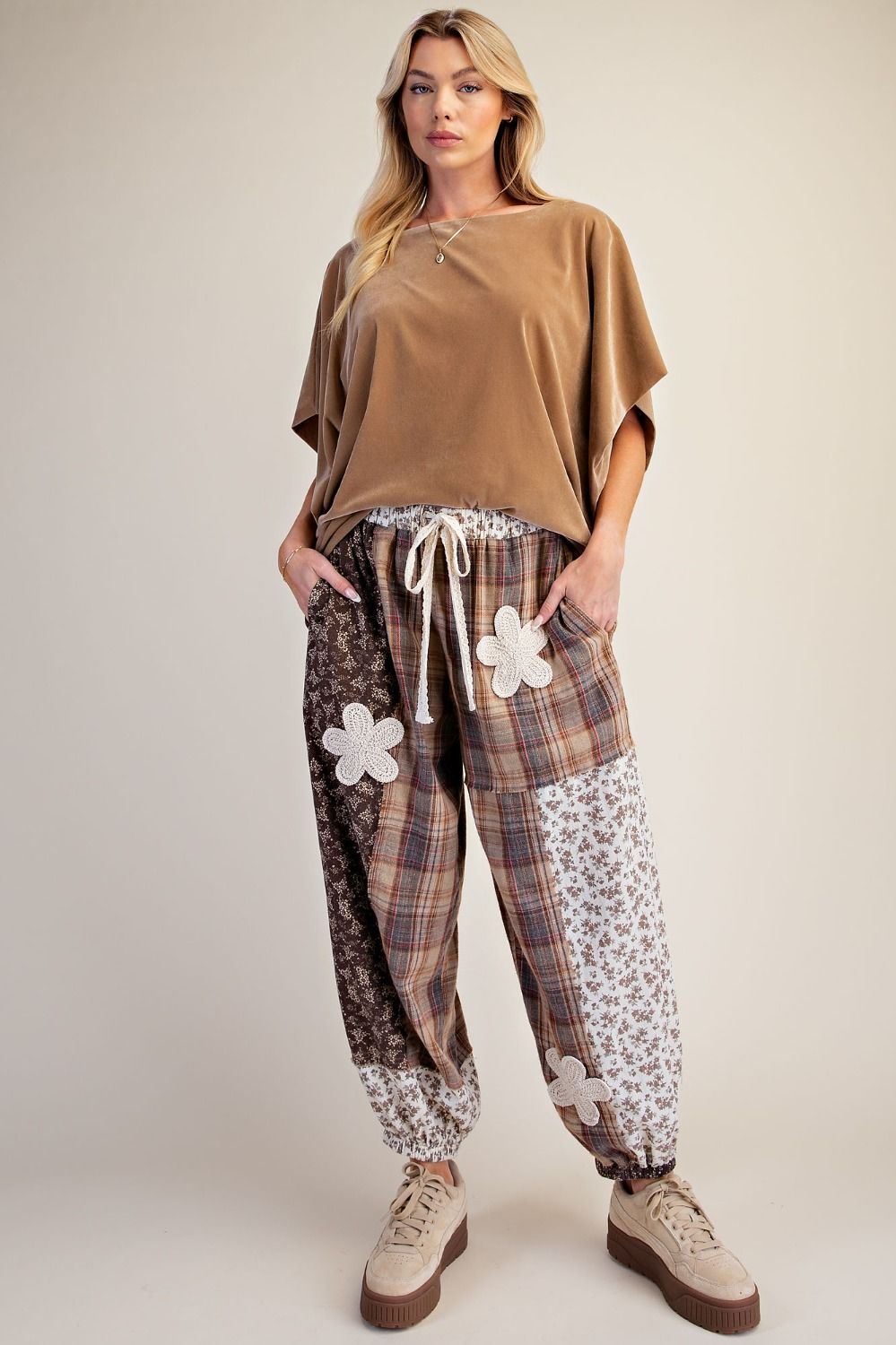THISTLE & THREAD patchwork jogger pants with a lace-trimmed drawstring waist
