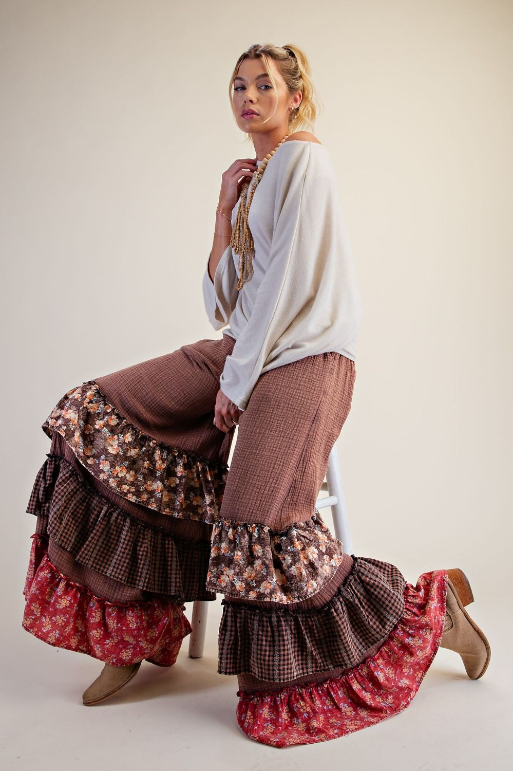 Mocha Patchwork Ruffle Pants