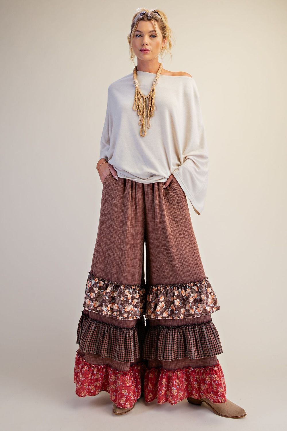 Mocha Patchwork Ruffle Pants