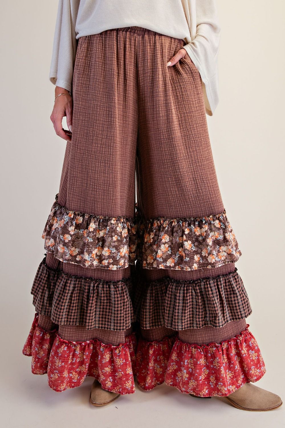 Mocha Patchwork Ruffle Pants