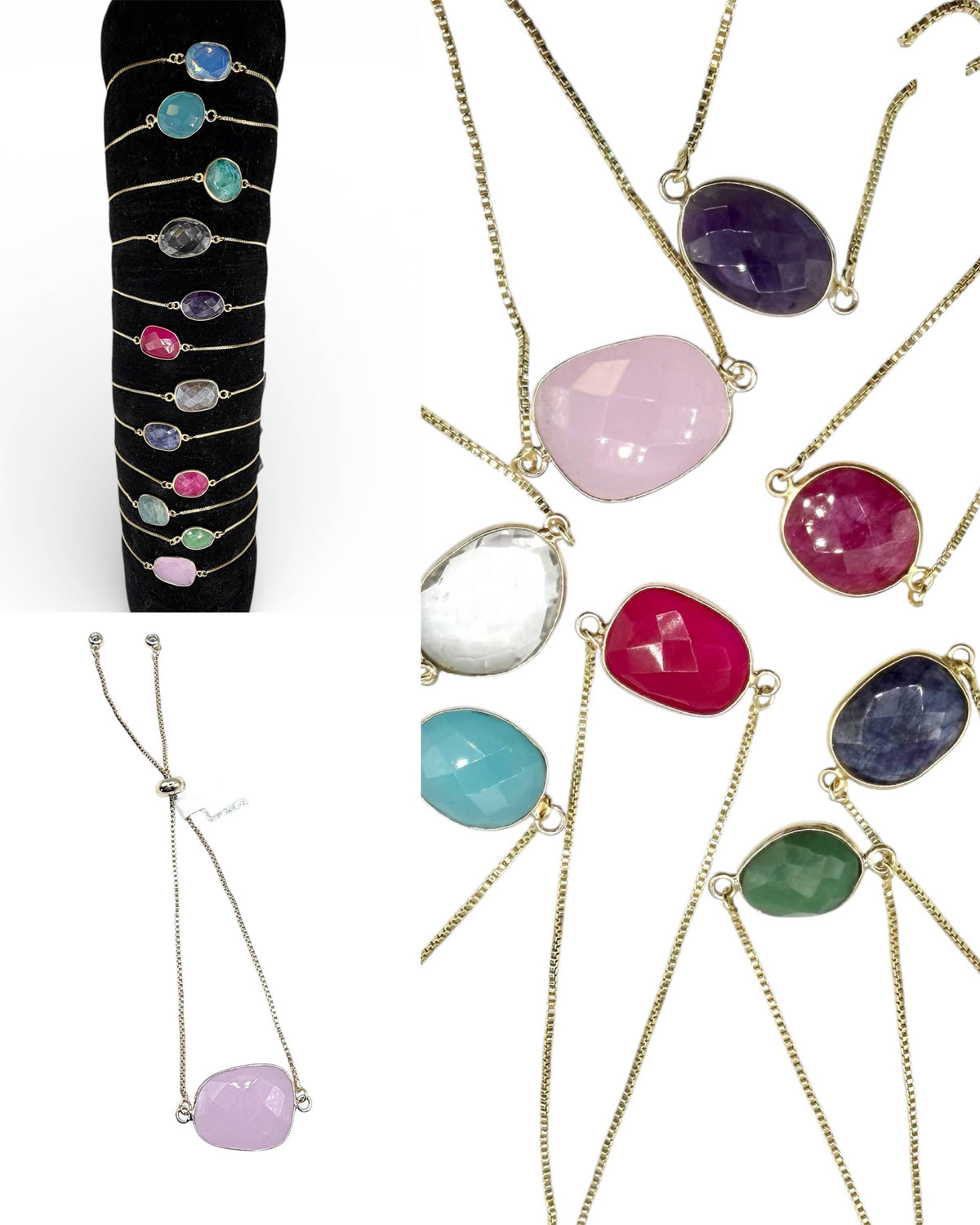 Collection of colorful gemstone necklaces on a white background