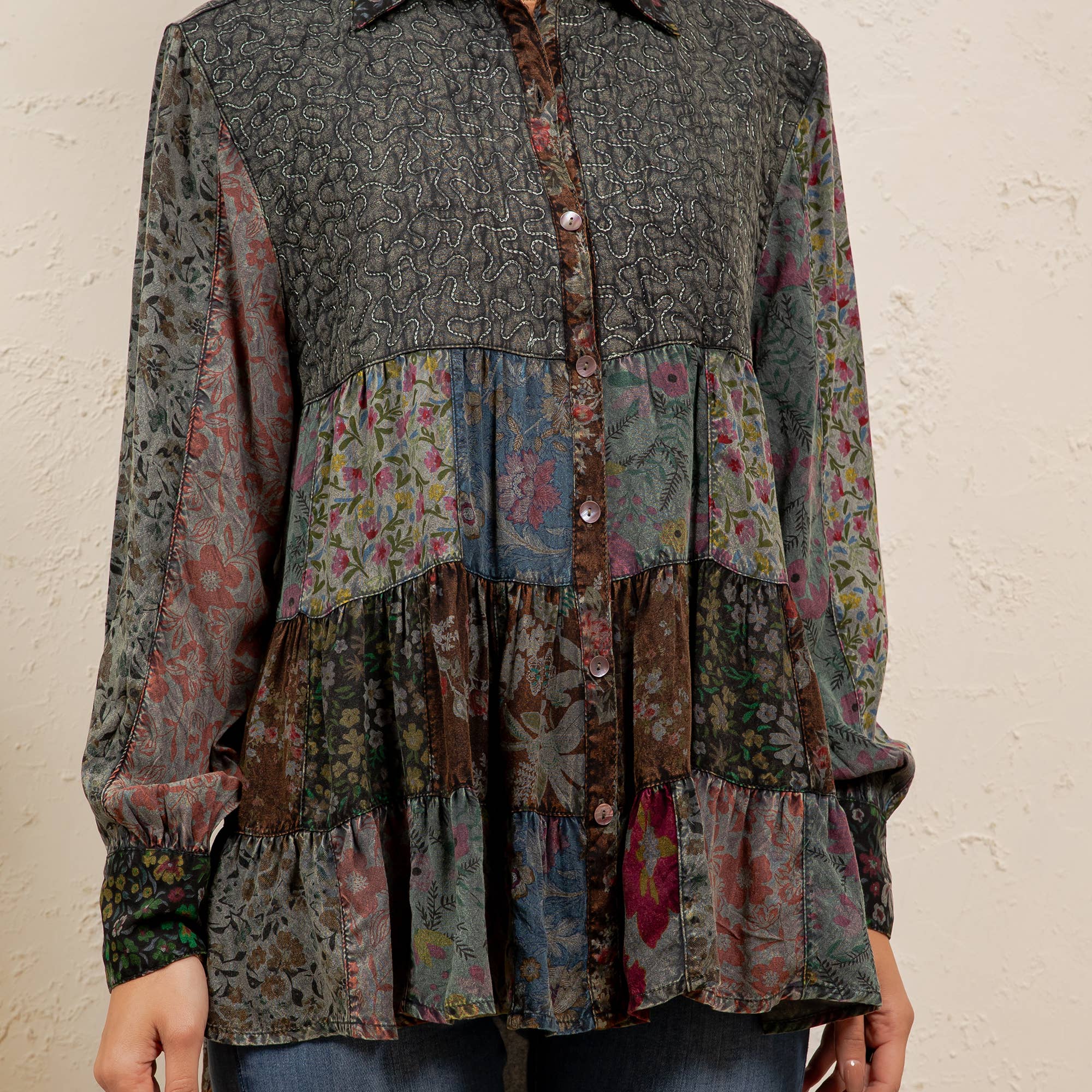 Vintage Floral Boho Button Down Plus