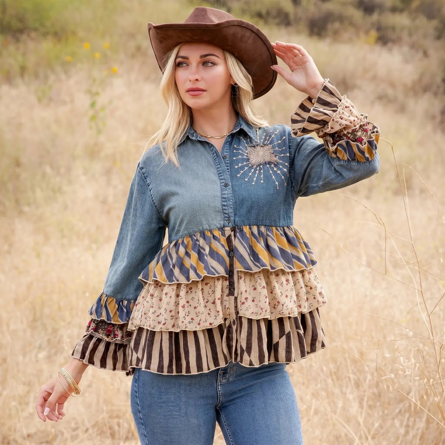Denim Yoke Patchwork Tiered Tunic