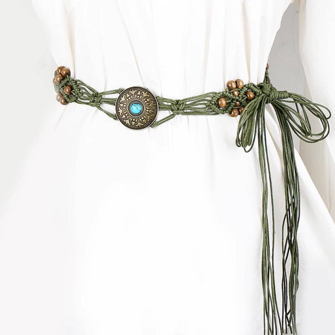 Olive braided cord sash belt with turquoise stone medallions and bow-tied tassels