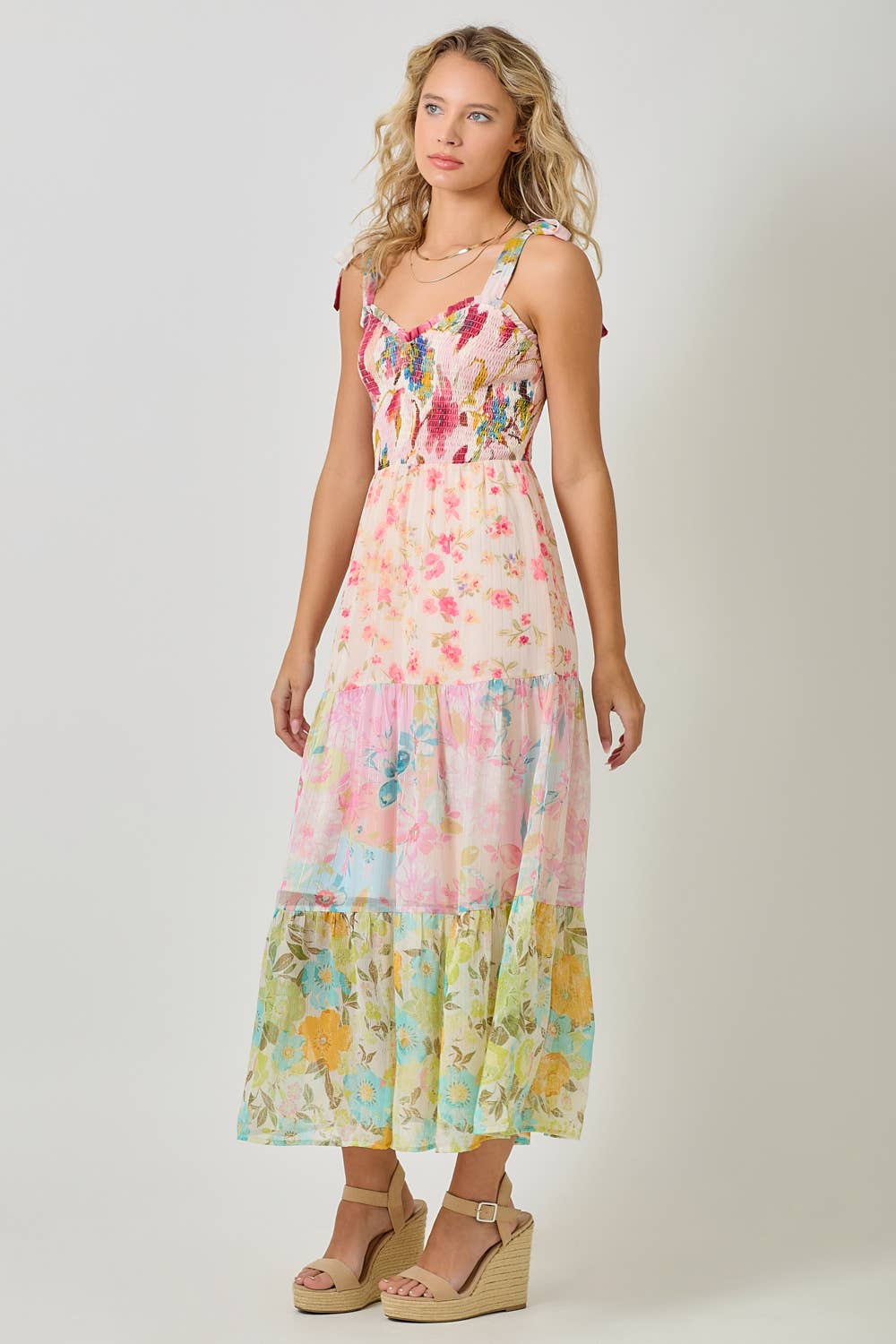 The Garden Dreams Tiered Maxi Dress - close-up of ruffled sweetheart neckline and adjustable strap ties