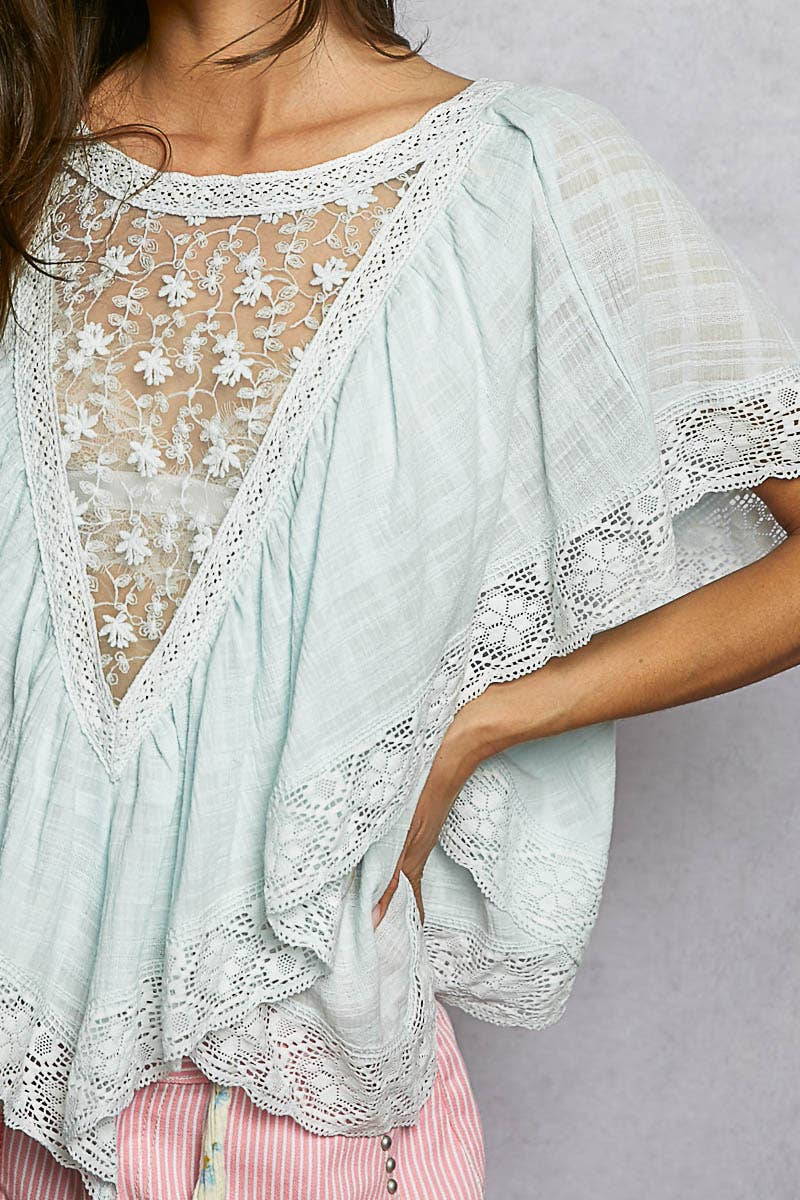 Reversible Embroidered Ruffle Top Blue
