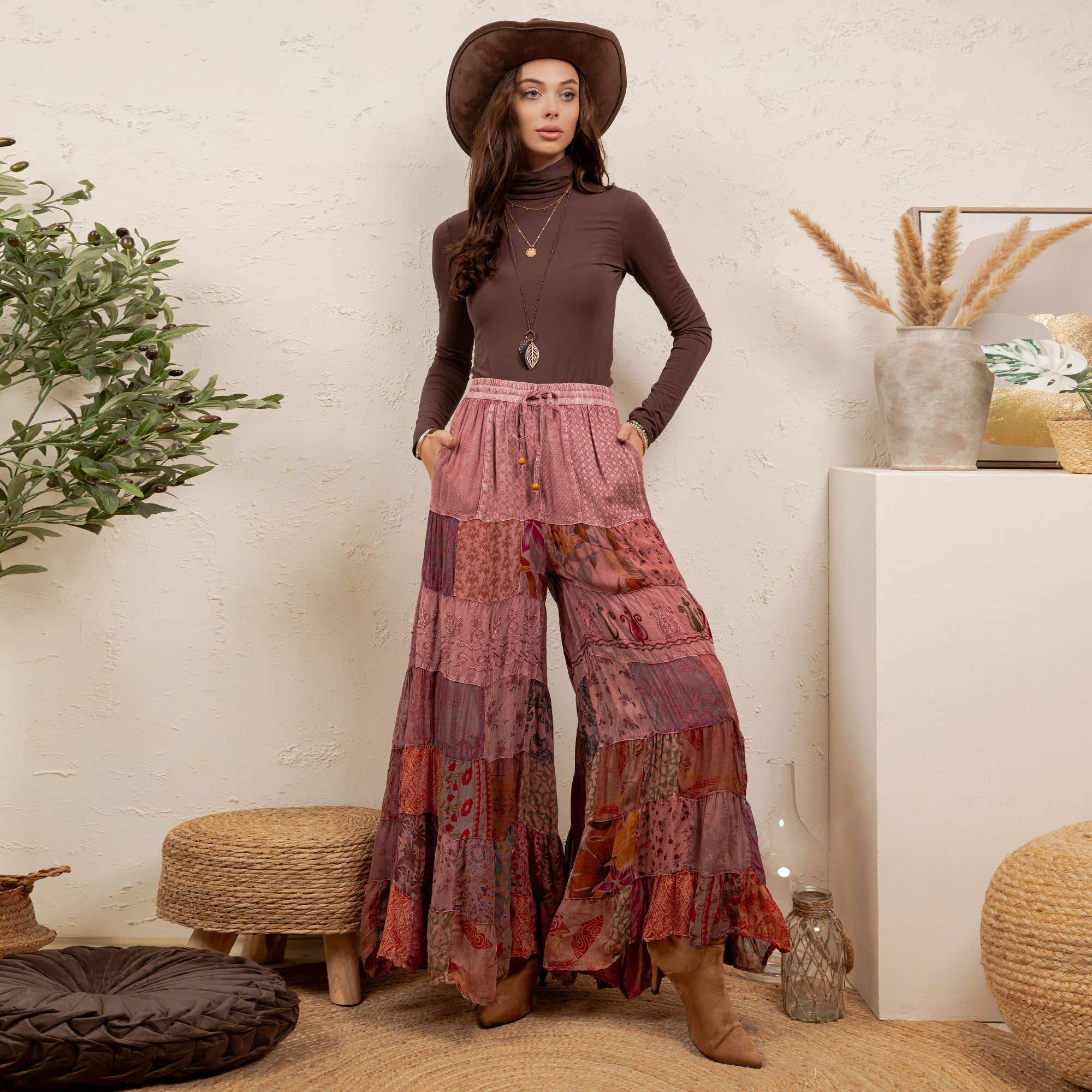 Mixed-Print Tiered Boho Pants – Garnet