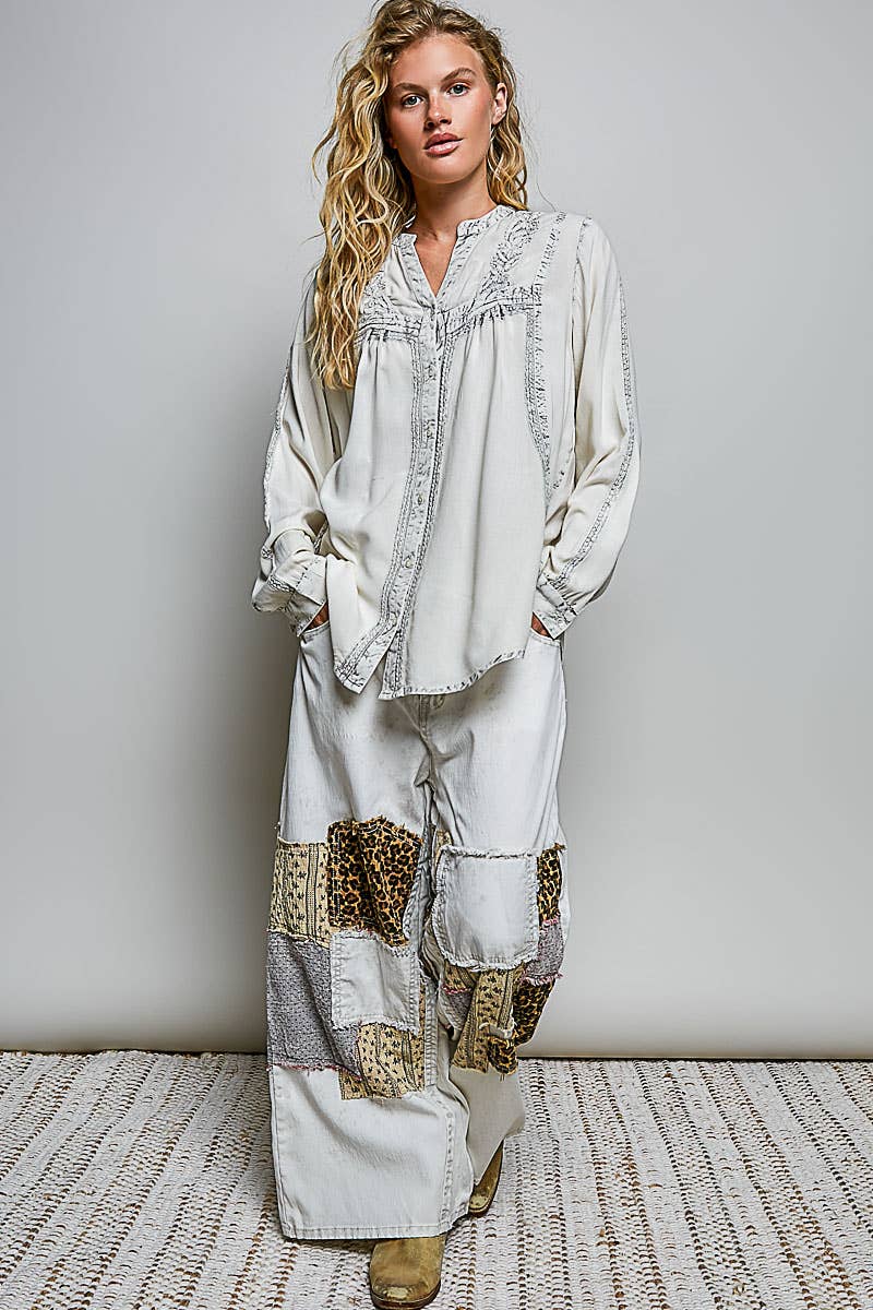 Vintage Washed Floral Embroidered Blouse