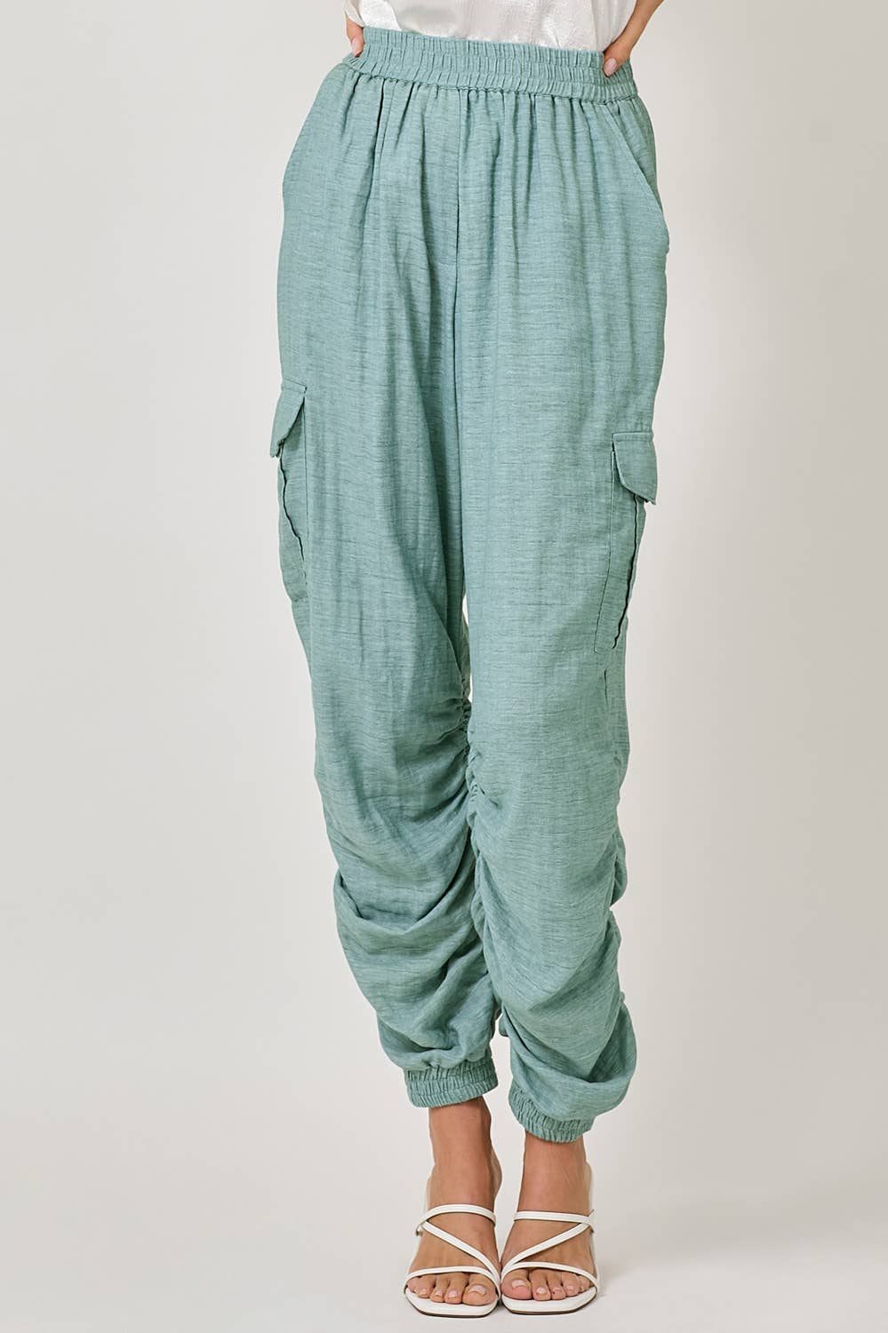 The Harper Shirred Joggers - side angle showing cargo pockets and shirred design


