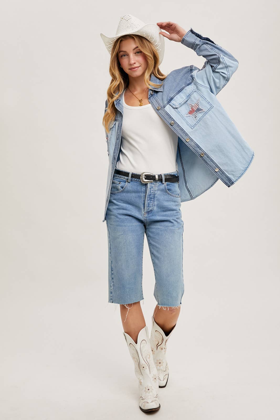 Two-tone denim button-down jacket featuring patriotic star appliqués on pocket and sleeve