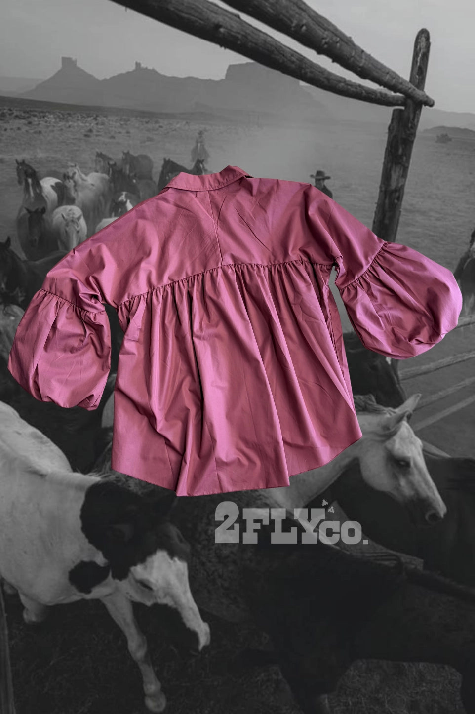 A dusty rose pink long-sleeve blouse with a gathered waist and puffed sleeves, shown floating over a black and white background of a dusty western ranch scene with cows and a wooden fence. The brand name '2FLYCo.