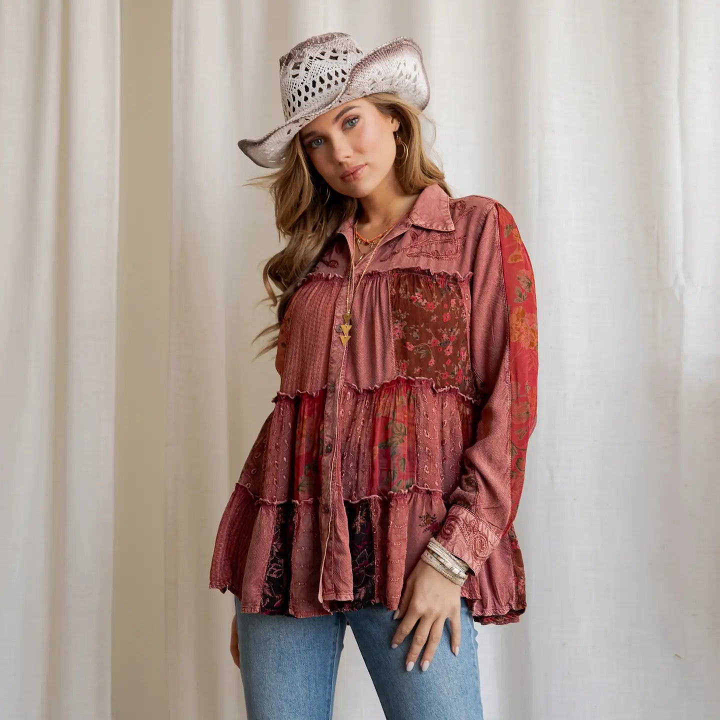 Boho Patchwork Knit Tiered Top