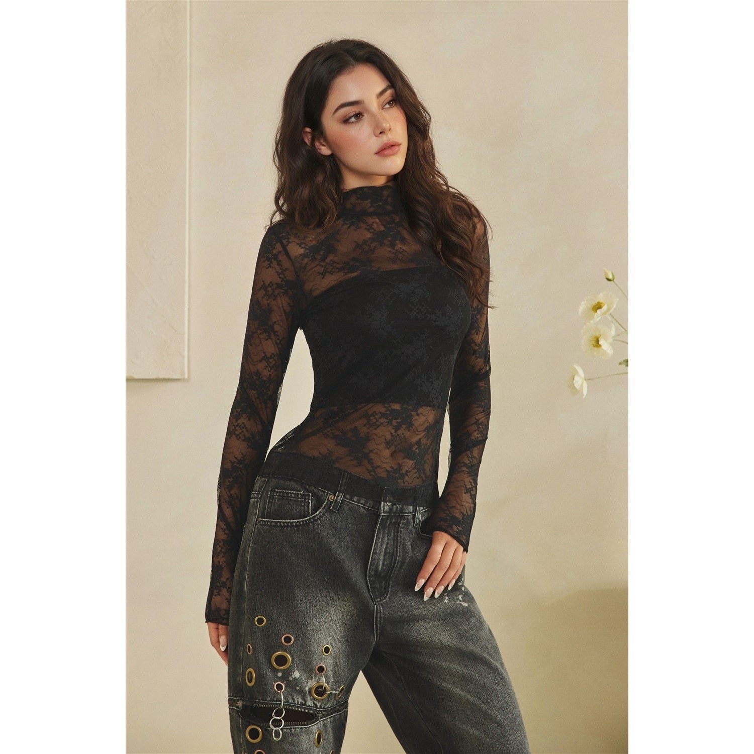Narrow Hem Sheer Lace Top in Black - mock neck floral lace long sleeve top