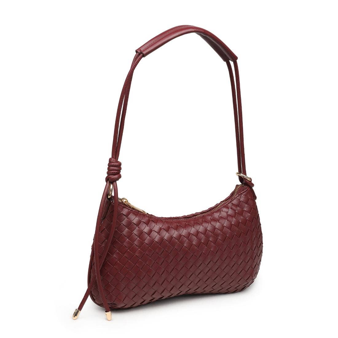 Cindy Woven Crescent Shoulder Bag in Burgundy by Moda Luxe — close up view showing woven vegan leather crescent bag with knotted strap, gold-tone hardware and zip closure,