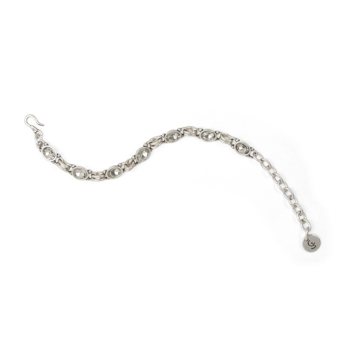A silver-toned chain bracelet with alternating oval and round links, a hook clasp on one end, and an extender chain with a small round tag on the other, shown on a plain white background.