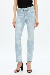Stock photo of Dazi Flower Power Mid Rise Straight Jean – light blue wash, floral detail, front view, Spirit & Wind Boutique

