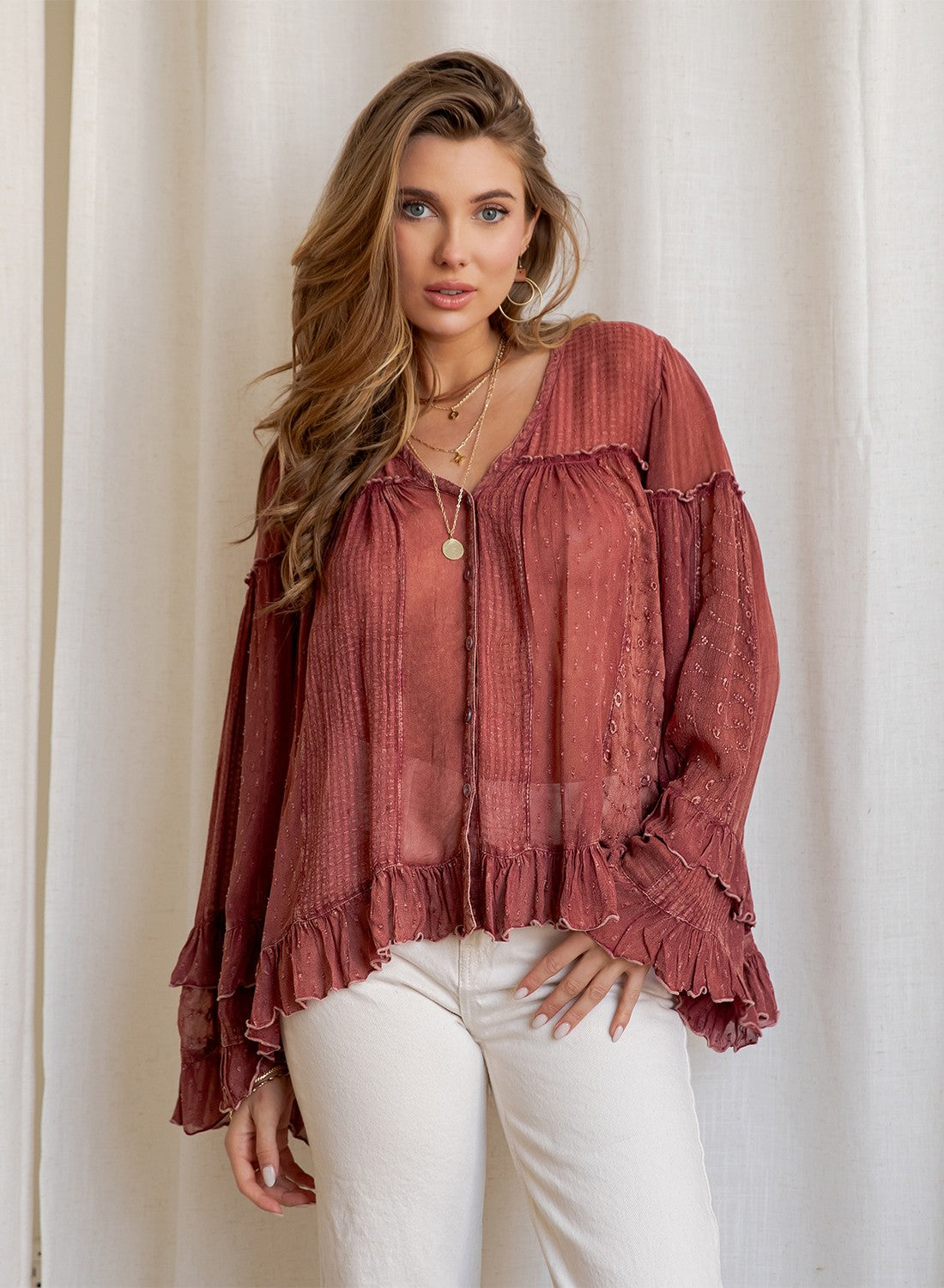 The Reverie Sheer Ruffled Blouse Garnet