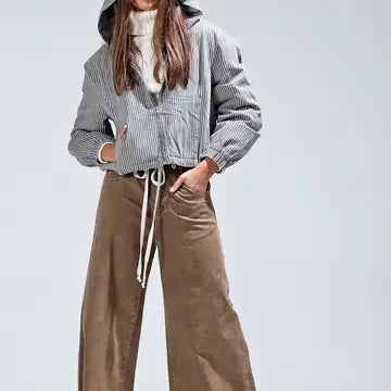Full-length front, pockets and drawstring hem featured