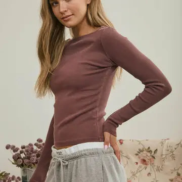Fitted Ribbed Boat Neck Top
