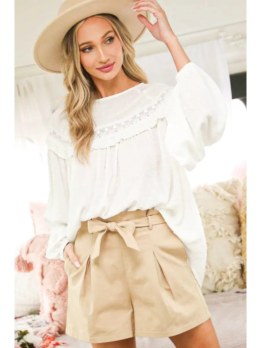 Swiss Dot Lace-Up Patterned Blouse