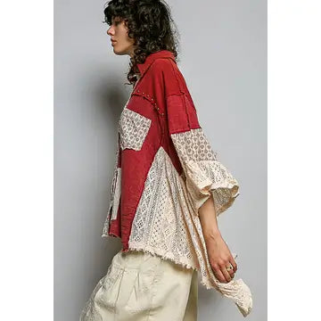 Crochet Lace Ruffle Gauze Shirt in Red – side view highlighting contrast cream crochet lace panel inserts and tiered ruffle sleeves against red gauze body