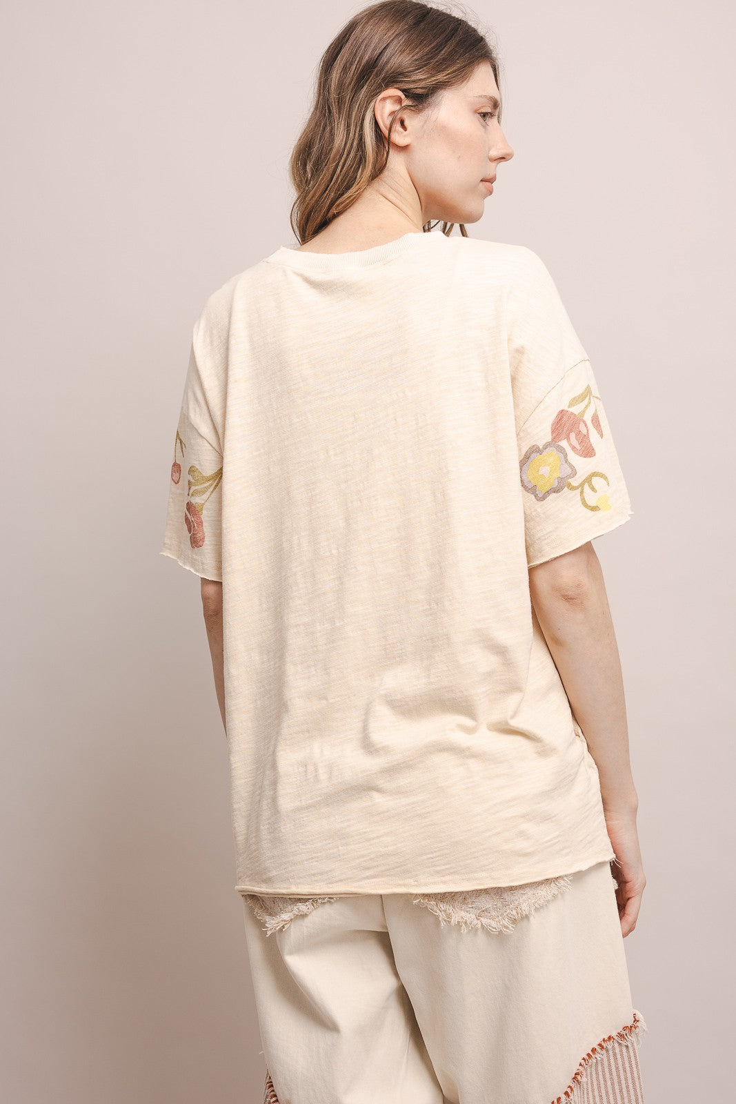 Tan Butterfly In Garden Print Top