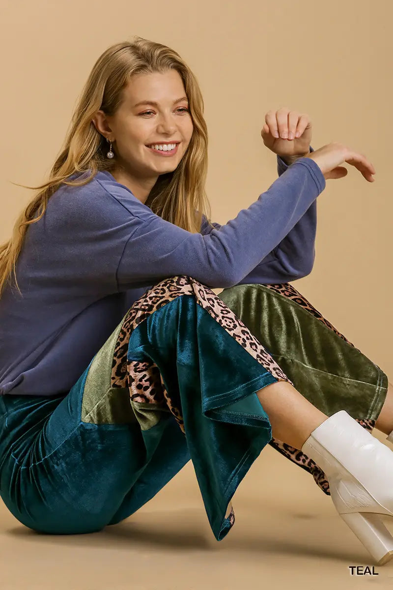 Animal Print Velvet Wide-Leg Flare Pant
